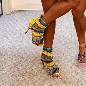 Vibrant Yellow Green & Blue Competition Heels– 5” Platform with Sparkling Stones